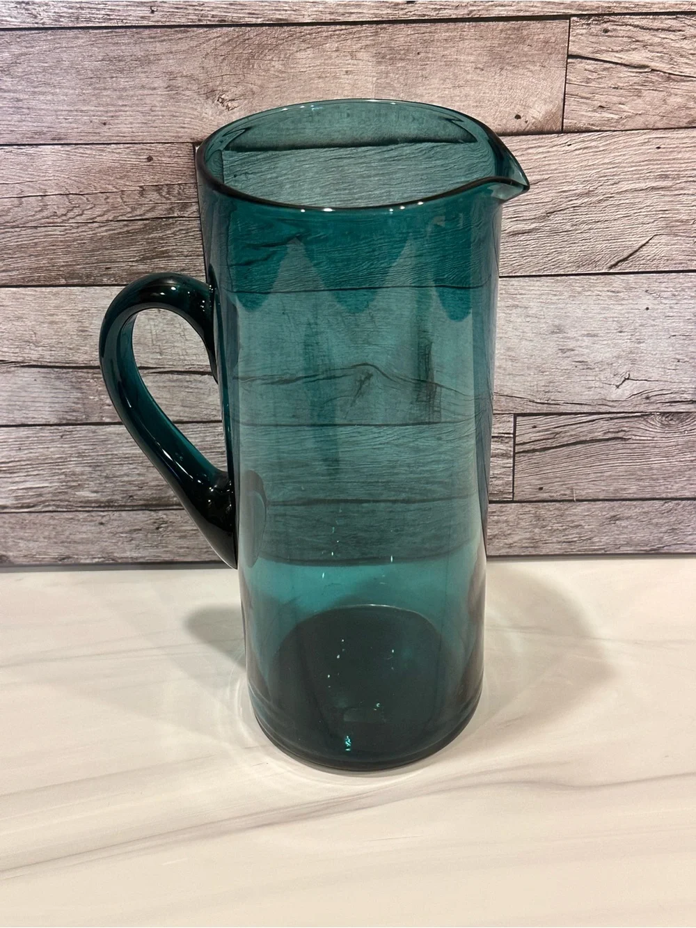 Vintage Hand Blown Teal Blue Glass Pitcher Mid Century Modern MCM Water Carafe